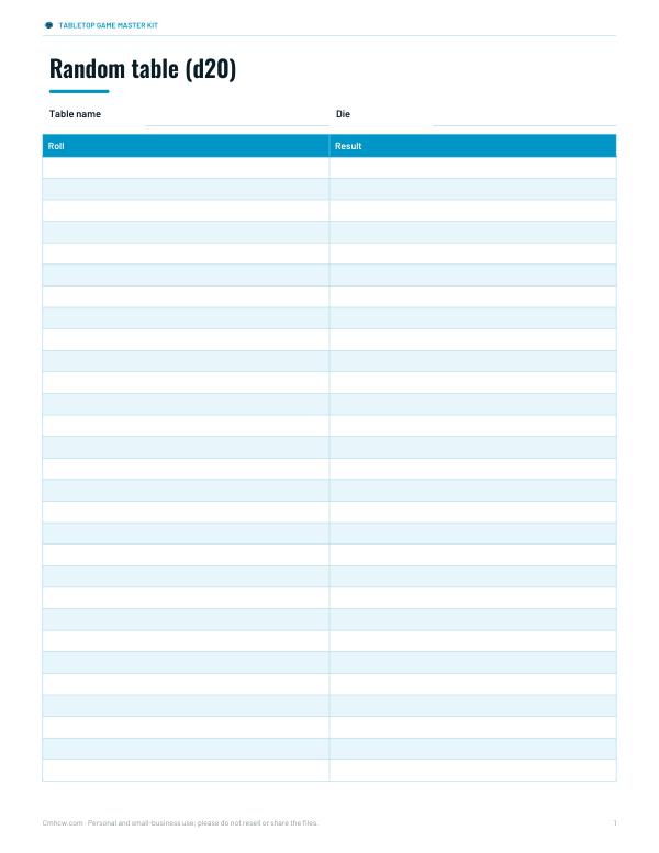 Preview of Printable D20 Random Table Template
